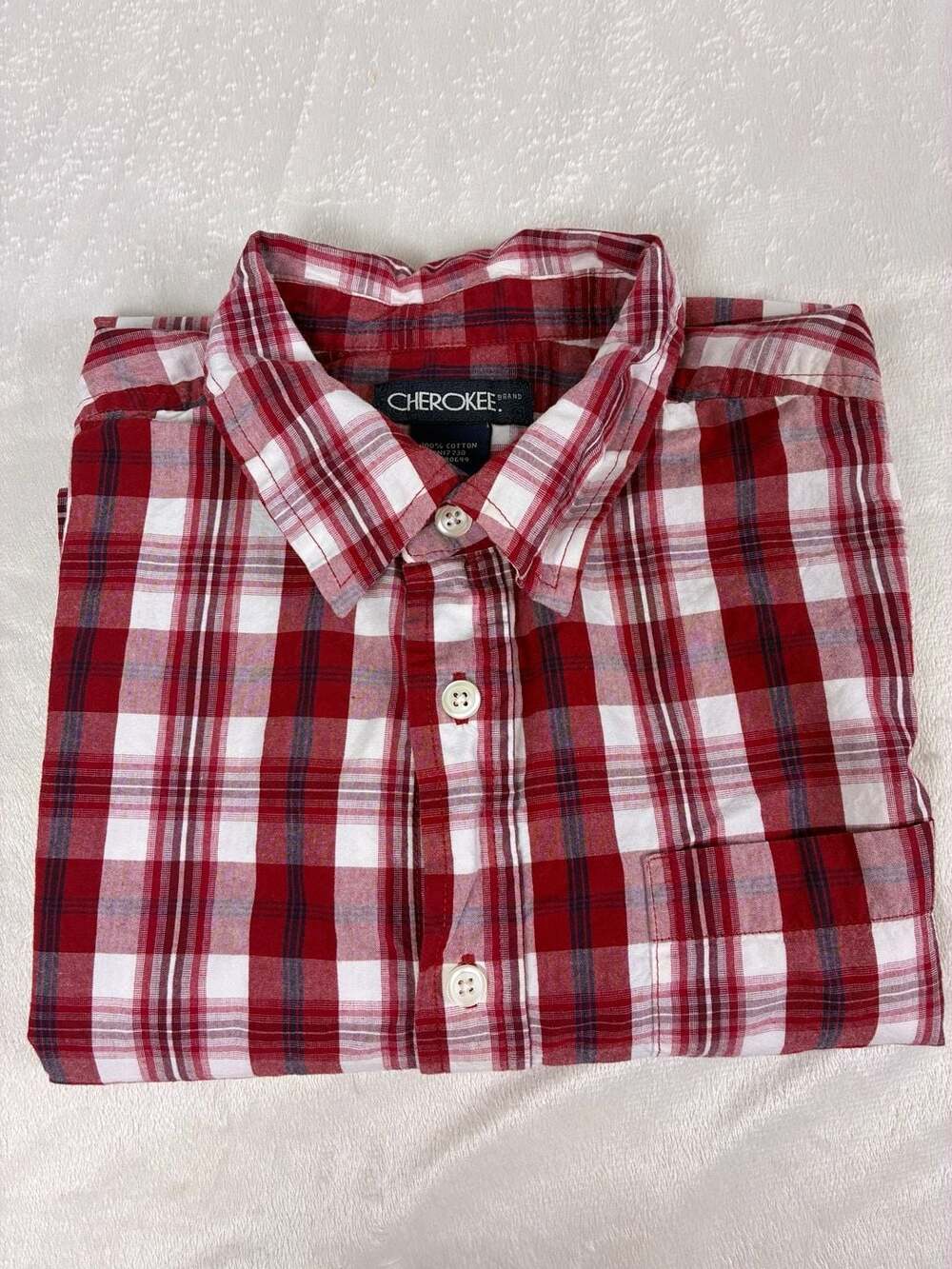 Cherokee Plaid Button-Down Shirt Size XL 14/16 Red White Short Sleeve
